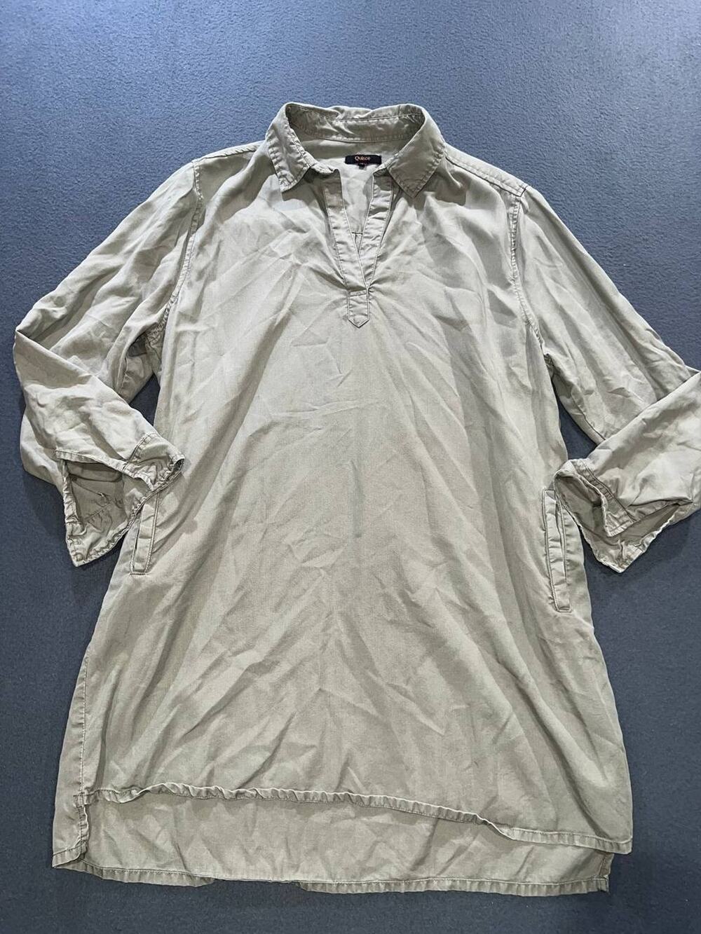 Quince Shirt Dress Olive Tencel Convertible Sleeve Pocket Popov Tunic XL A010788